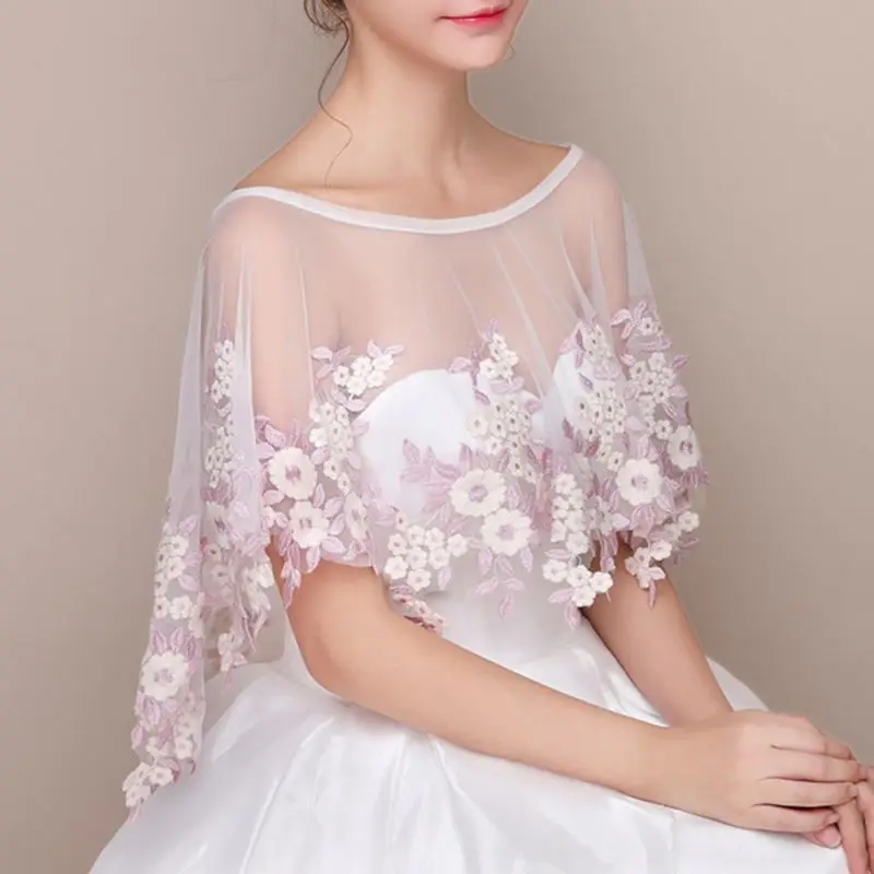 

Female Summer Wedding Jacket Bolero Pink Flower Embroidery Appliques Tassels Bridal Sunscreen Shawl Wraps Evening Cape