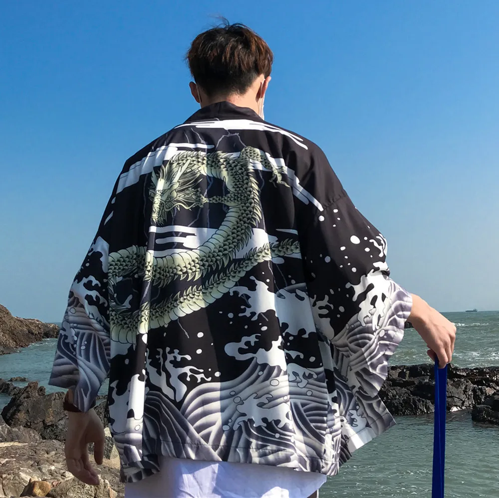 

Chinese Summer Thin Cotton Linen Tang Shirt Hanfu Print Dragon Cardigan Retro Loose Tops Robe Gown Japanese Ancient Kimono Coat
