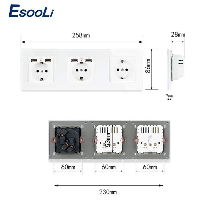 Esooli 3 банда настенная розетка стандарта ЕС с 2 usb зарядным портом для мобильного
