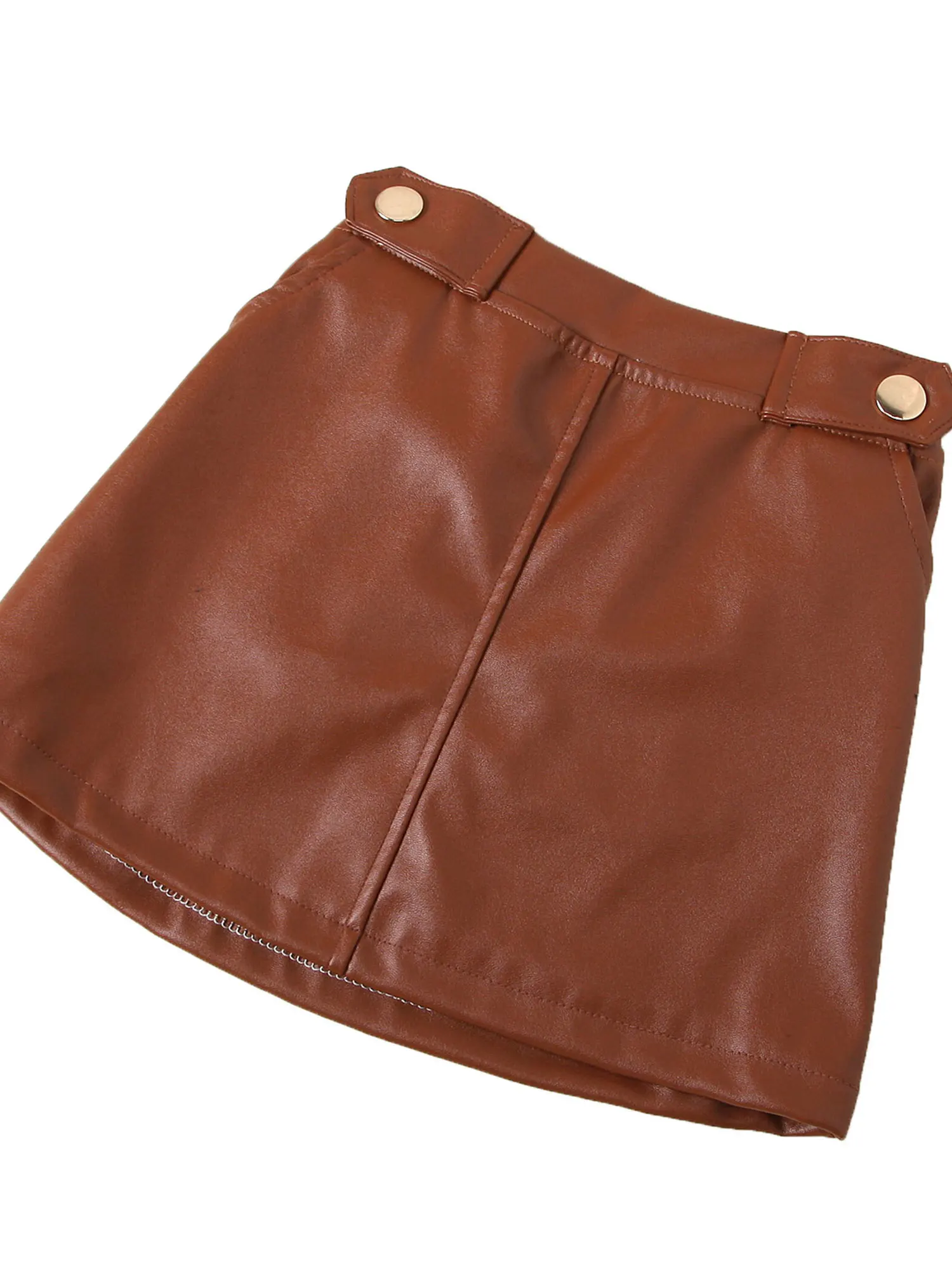 

Spring 2Pcs Clothes Set Kids Black Folds Neck Long Sleeve Knitted Tshirt +Brown Leather Skirt Baby Girl Children Outfits