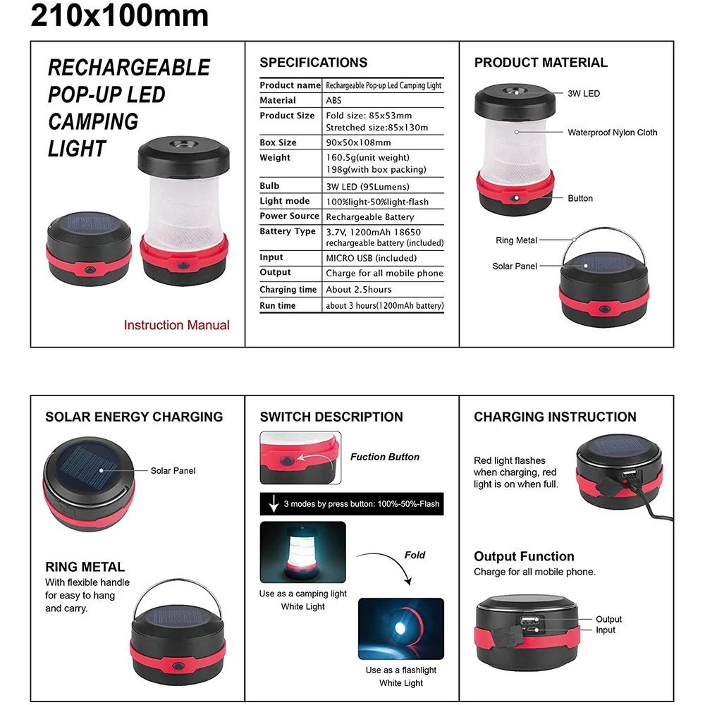 

Retractable Camping Light Tent Light LED Solar USB Interface Charging Emergency Light 3 Lighting Methods Outdoor Lantern