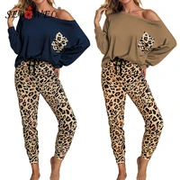 sebowel casual long sleeve leopard womens loungewear pants set autumn female pajamas top and trousers loose outfits clothes