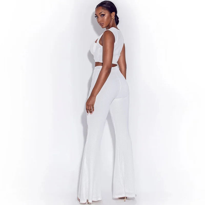 JaneVini Knitted Sexy Women Sleeveless Buckle Tank+Flare Long Pants Two Piece Sets Solid Crop Top Outfit Club Party Matching Set