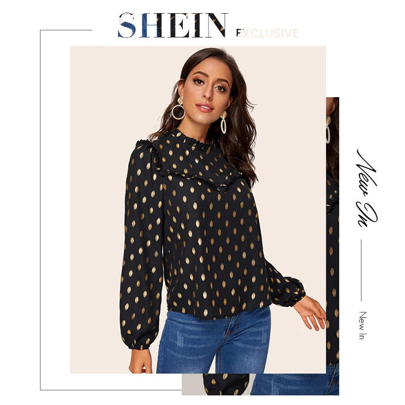 SHEIN черная блузка с оборкой и рукавом-фонариком, с золотым принтом в горошек, женская блузка, весенний сезон осень, со стоячим воротником, элегантные офисные женские блузки