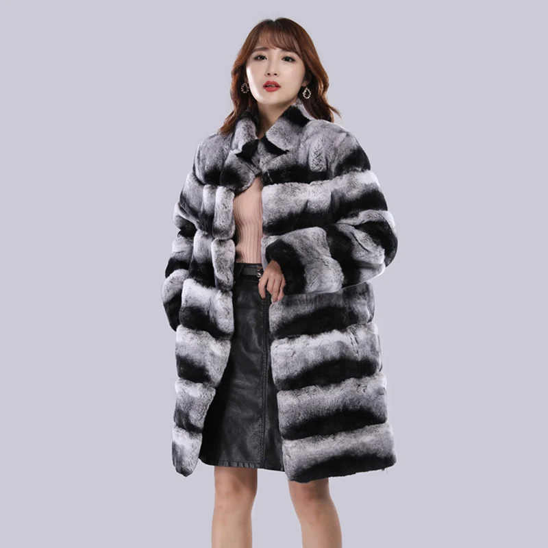Женское длинное пальто из меха кролика Рекс роскошная куртка Шиншиллы с