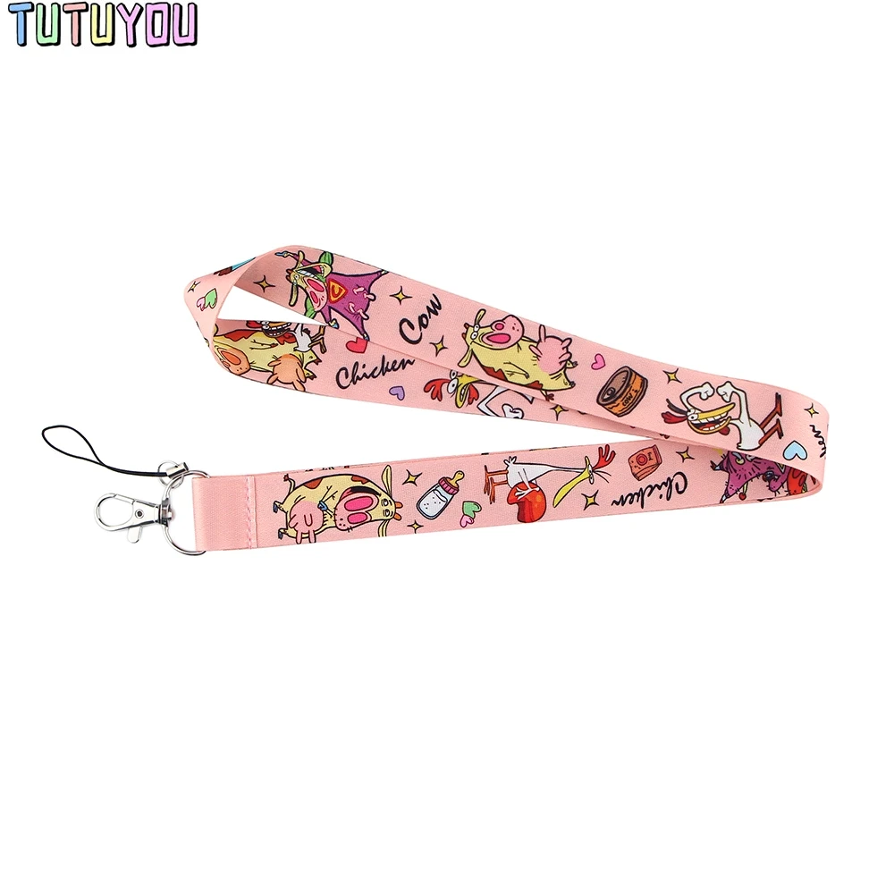 PC2242 Pink Cute Cow And Funny Chicken Cartoon Key Chain Lanyard Gift For Kids Students Friends Phone USB Badge Holder Necklace | Мобильные