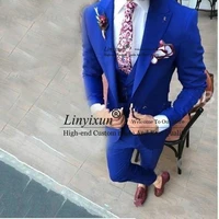 new style one button royal blue wedding groom tuxedos 2021 peak lapel groomsmen men suits prom blazer jacketpantsvest
