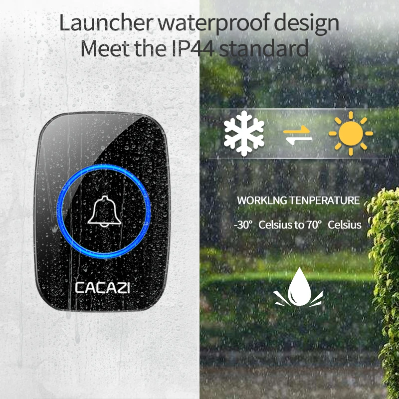 CACAZI Waterproof Wireless Doorbell DC Battery-operated 60 Chimes 5 Volume Home Cordless Door Ring Bell 2 Button 4 Receiver |