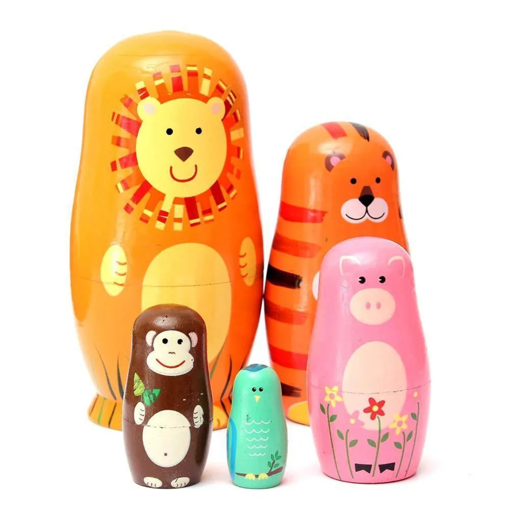 

Five Nesting Dolls Russian Wooden Cartoon Animals Pattern Doll Gift