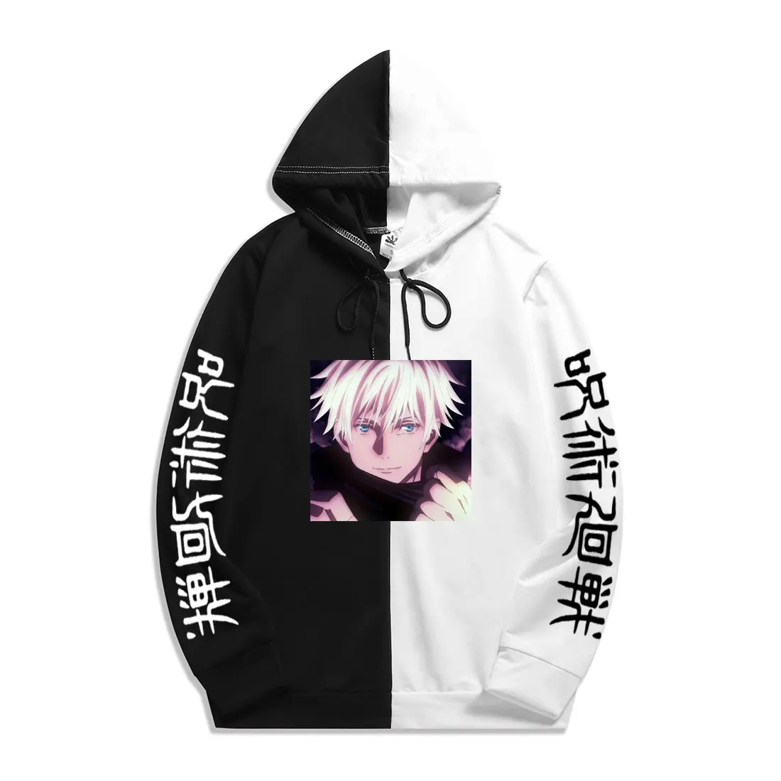 

2021 New Anime Jujutsu Kaisen Gojo Satoru Hoodie Long Sleeve Loose Hip Hop Men and Women Two-color Splicing Casual Hoodie