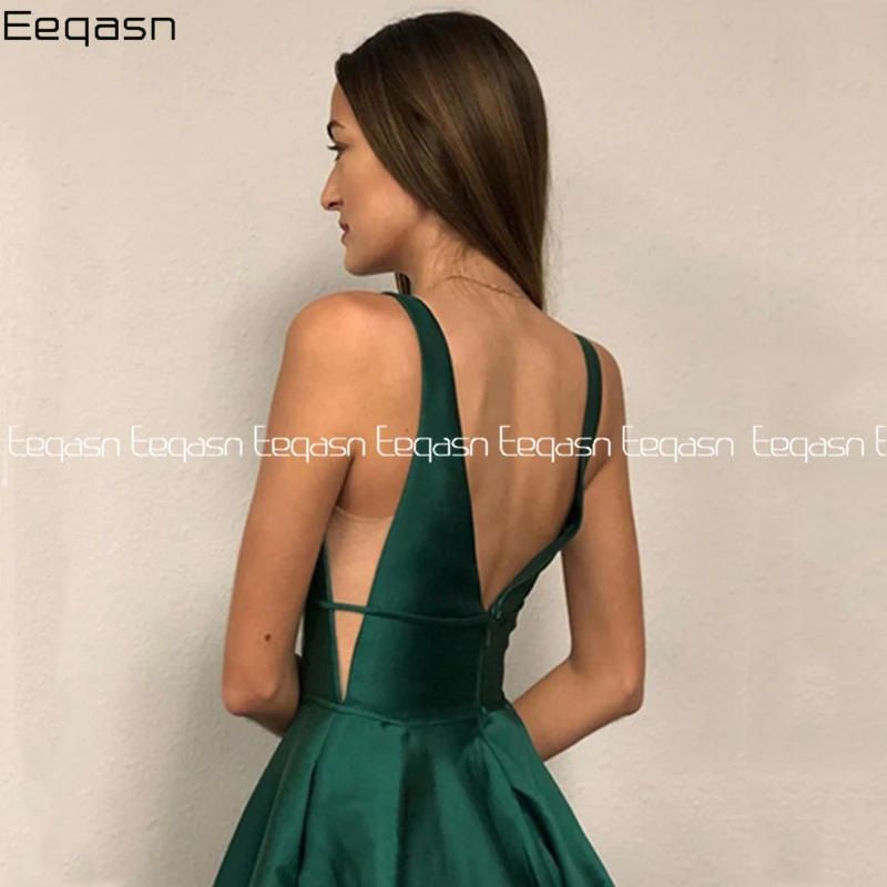 

Vestidos De Gala Sexy Green V-Neck Satin Prom Dresses with Pockets Long Elegant Back Open A-Line Formal Party Dress