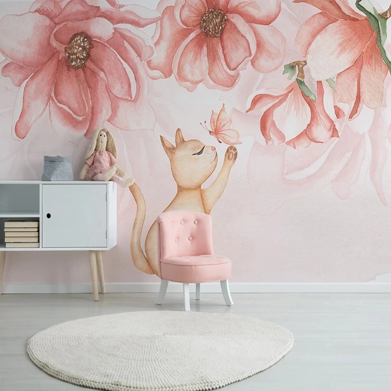 

Custom Any 3D Wallpaper Modern Minimalist Pink Floral Animal Kitten Children's Room Papel De Parede 3D Paisagem Sticker Tapety