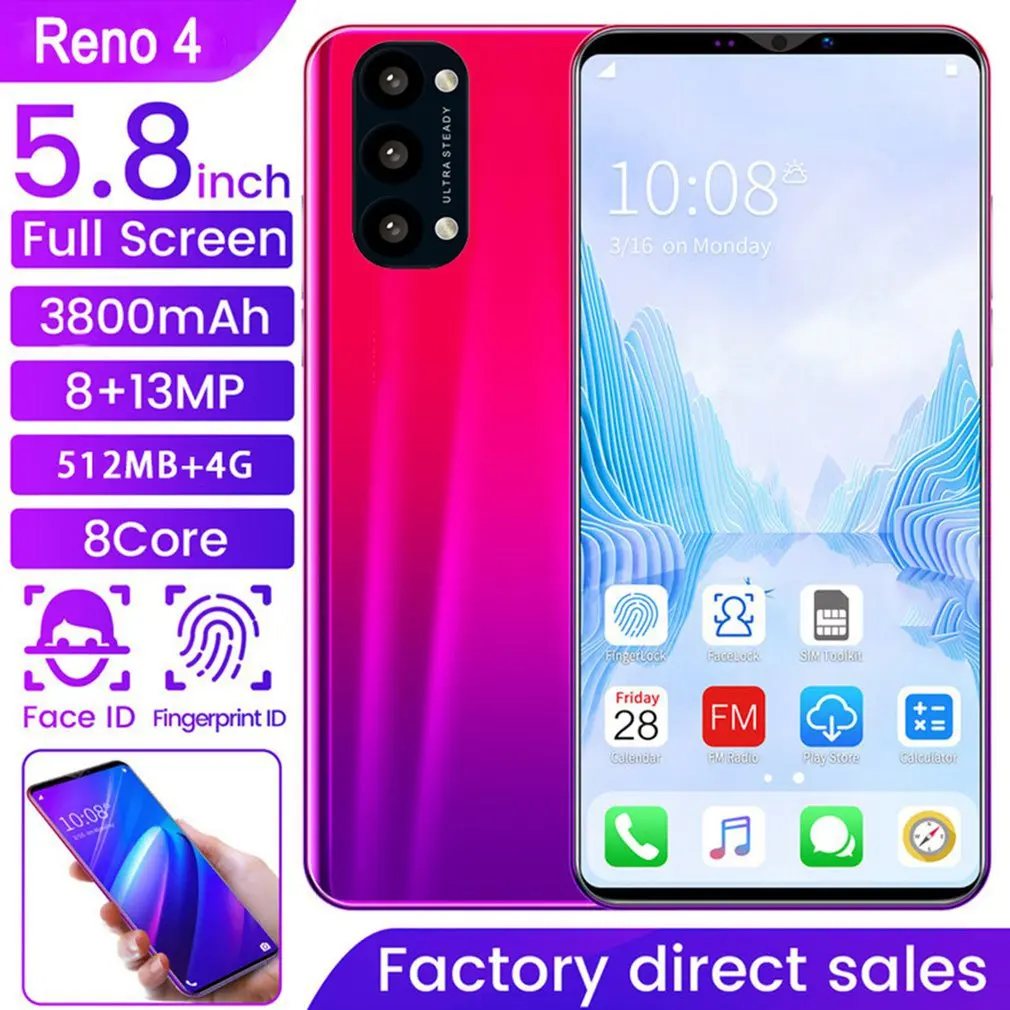 

Смартфон Reno4 Pro, 5,8 дюйма, 512 М + 4G, 3d-стекло, задняя крышка, задняя камера высокого разрешения, красный