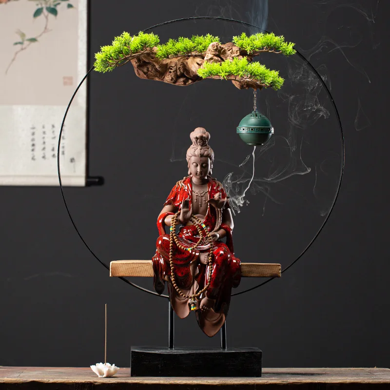 

Purple Sand LED Lamp Ring Backflow Incense Creative Ceramic Holding Lotus Guanyin Bodhisattva Statue Decoration Housewarming