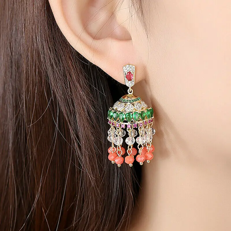 Индийские Jhumka этнические бусины кисточки висячие серьги женские Стразы Золотые