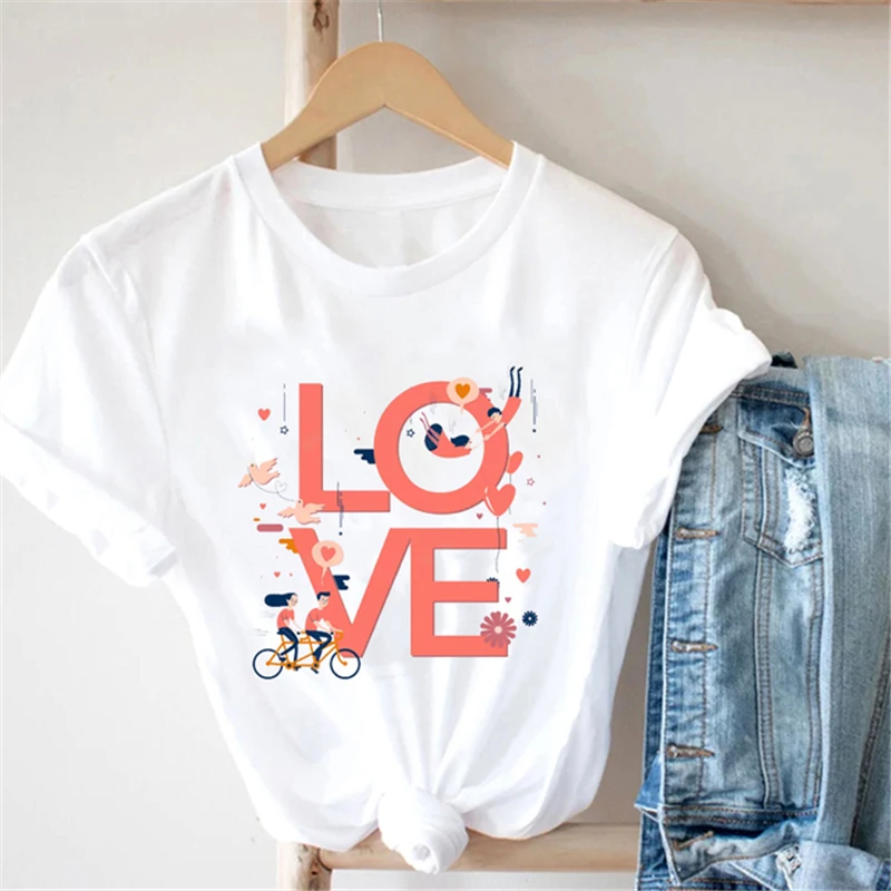 

Valentine's Day Women Flower Floral Love Trend Letter T-shirts Short Sleeve Ladies Fashion Casual Clothes Female Tee Couples Top