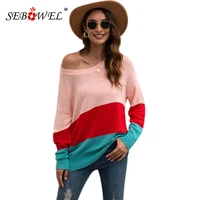 sebowel new 2020 autumn womens loose style pullover sweater female contrast color striped stitching knitted sweaters clothing