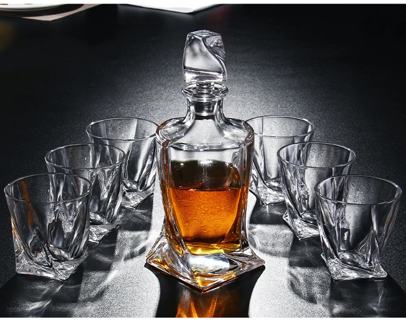 

7 Pcs Set Reverse design Crystal Glass lead-free whiskey decanter Set with 6 Pcs old fashioned whiskey glass for Liquor Scotch