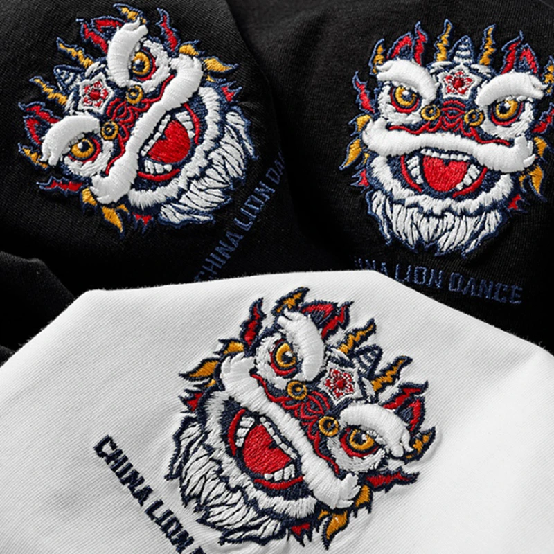 

Lyprerazy Chinese Funny Lion Wake Embroidery Men T-shirt Streetwear Print T Shirt Cotton Casual Summer Short Sleeve Couples Tee
