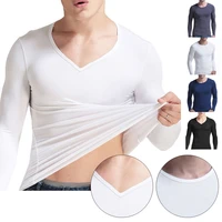 modal men autumn winter long sleeved round v neck thermal underwear basic bottoming shirt slim thin thermal underwear breathable