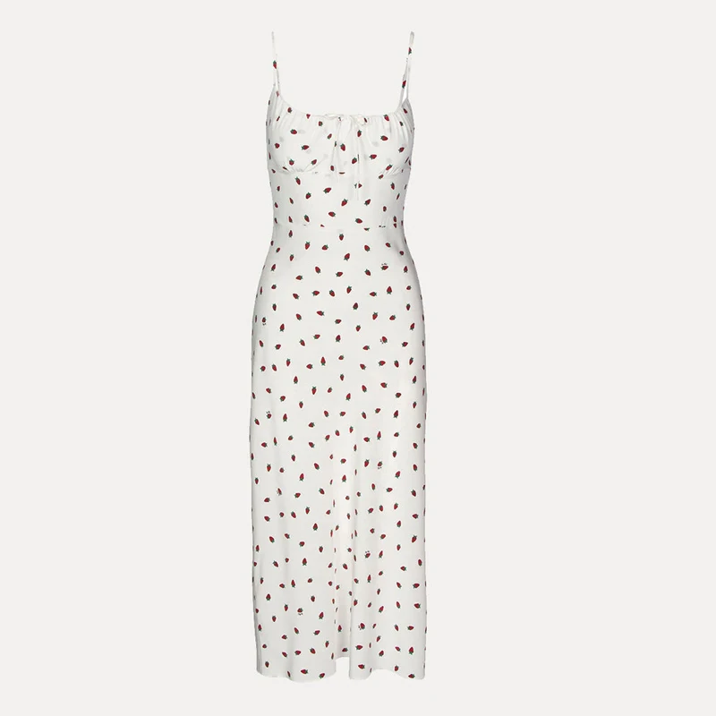 

Summer Boho Red Strawberry Floral Print Spaghetti Strap Dress Women White Elegant Sleeveless Sexy Beach Party Long Dresses 2021