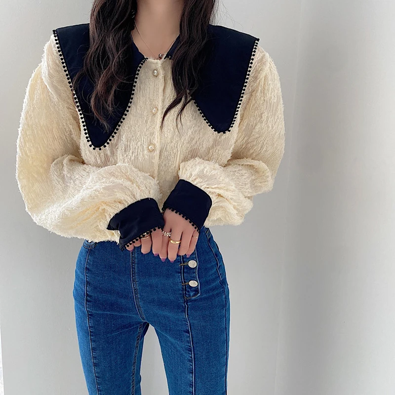 

Comelsexy Spring Chic Women Tassel Shirts Retro Solid Patchwork Peter Pan Collar Elegance All Match Female High Street Blouses