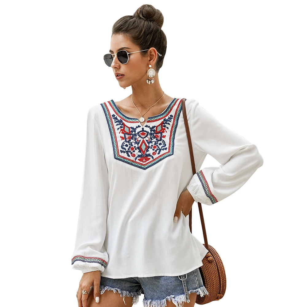 Этнические Винтажные белые блузки с цветочной вышивкой для женщин свободная