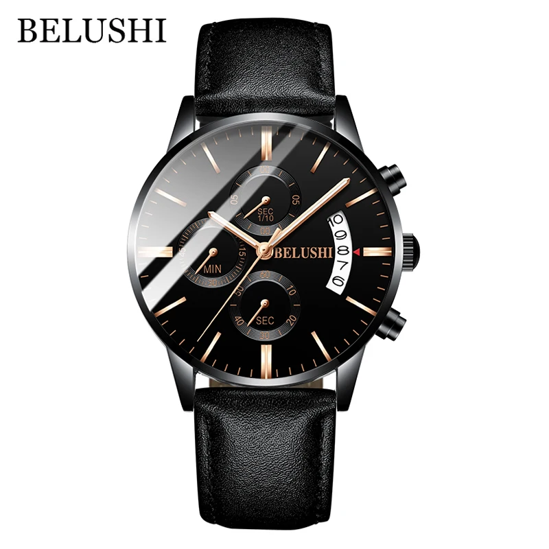Leather Black Gold Мужские часы от роскошного бренда BELUSHI, высококачественные мужские деловые повседневные часы, мужские водонепроницаемые спортивные кварцевые наручные часы relogio masculino - Цвет: Leather Black Gold