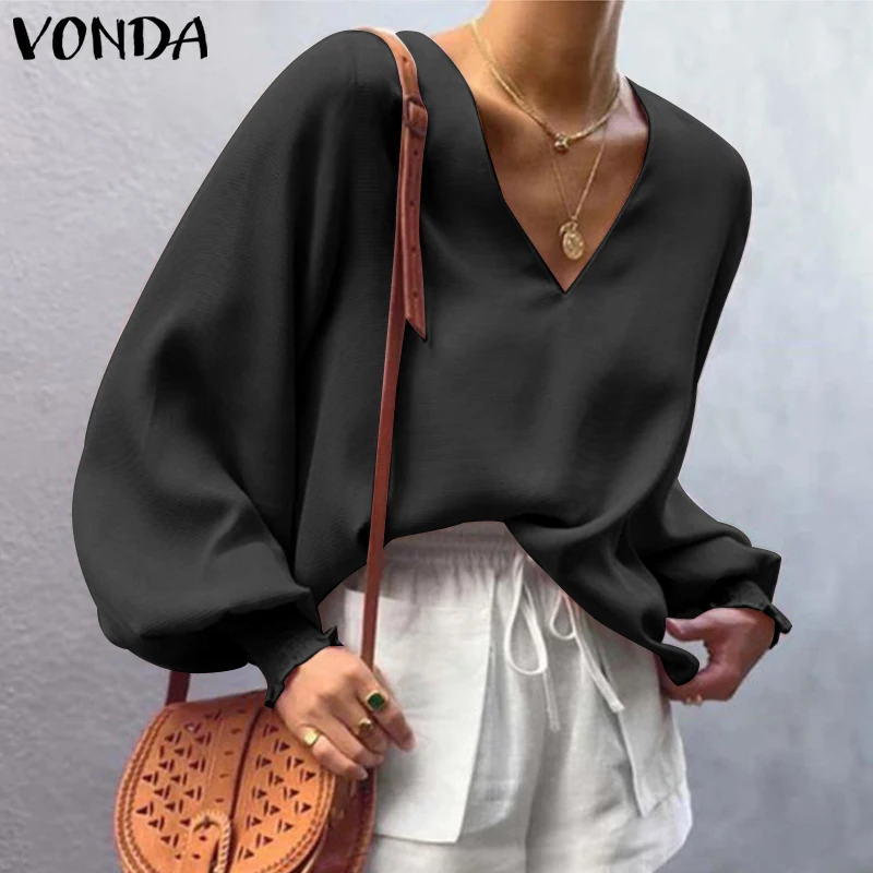 

Autumn Tops Women Pleated Solid Color Blouse VONDA Sexy V Neck Flare Sleeve Party Blusas Femininas Loose Office Formal Tops