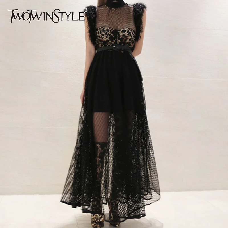 Платье с кисточками TWOTWINSTYLE леопардовое Сетчатое платье воротником стойкой без