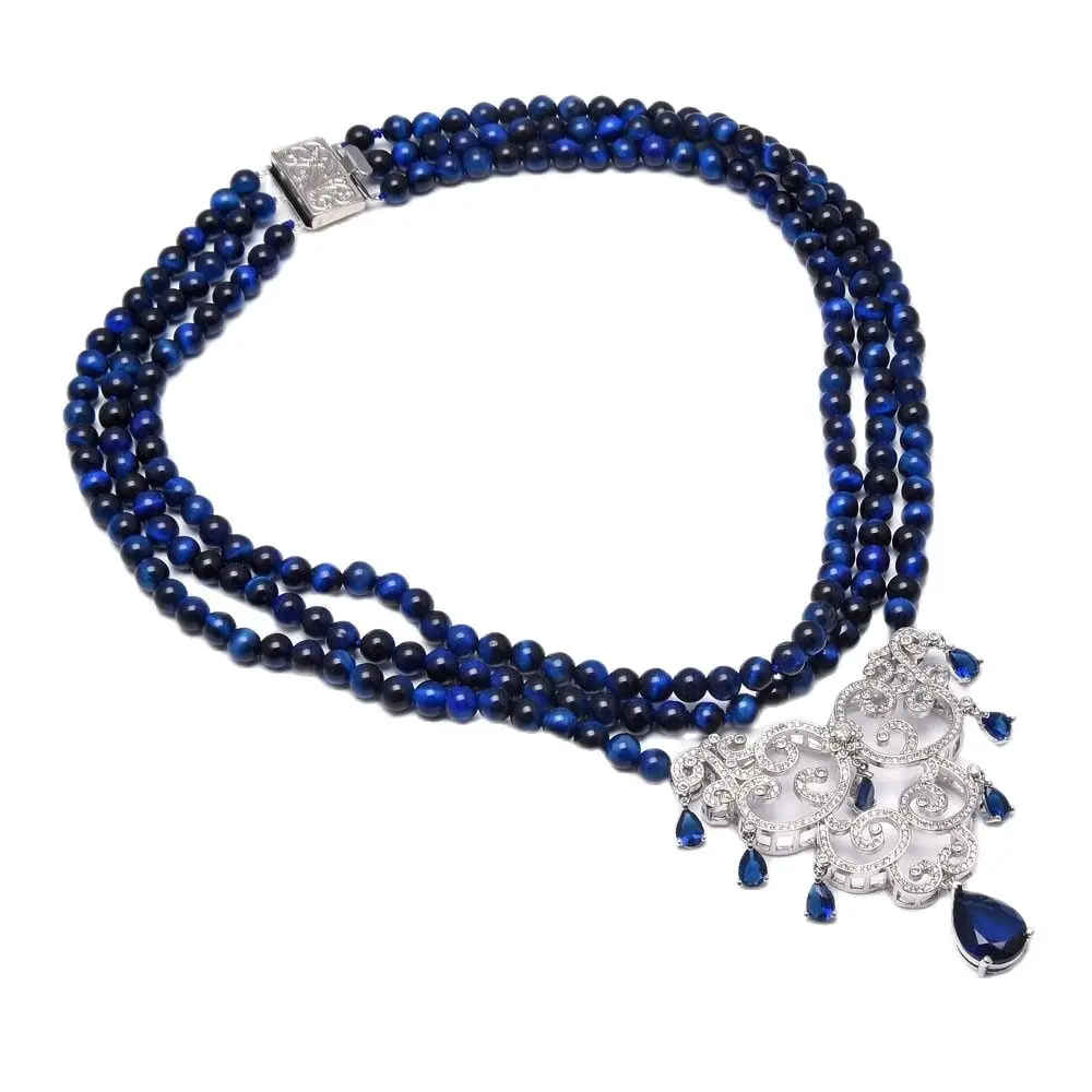 

GuaiGuai ювелирные изделия натуральный камень 3 пряди синий круглый тигровый глаз ожерелье CZ Цветок проложить кулон 18 дюймов