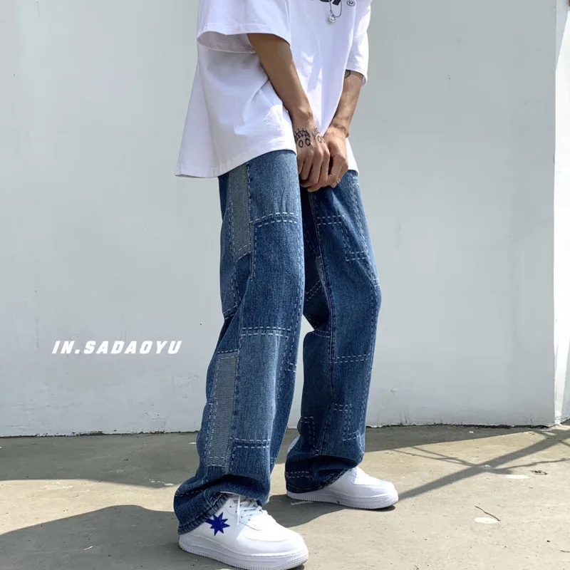 Patch Wide-leg Jeans Men's Fashion Retro Harajuku Baggy Jeans Men Streetwear Loose Hip-hop Straight-leg Denim Trousers Mens