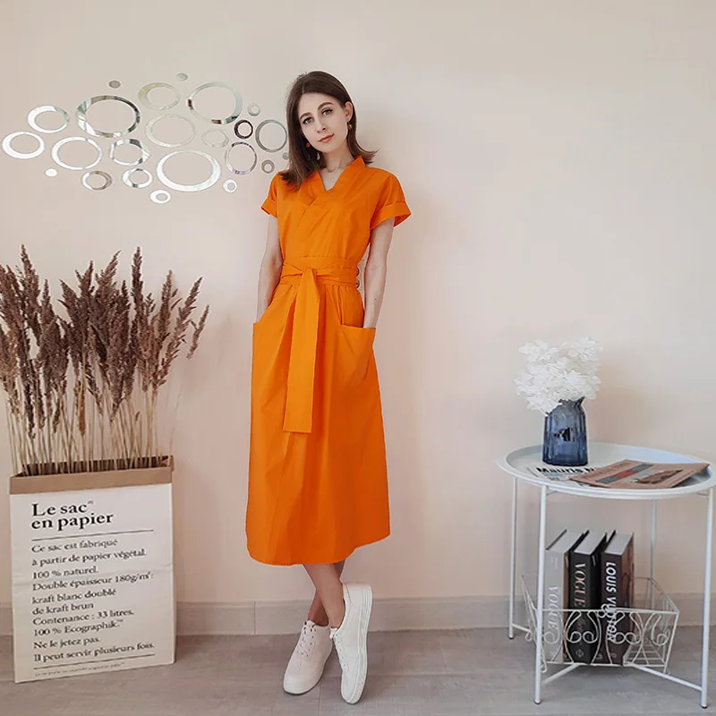 

Office Lady Women Casual Sashes A-Line Dress Ladies Short Sleeve V-Neck Summer Dress 2021 Fashion Midi Party Dress Vestidos