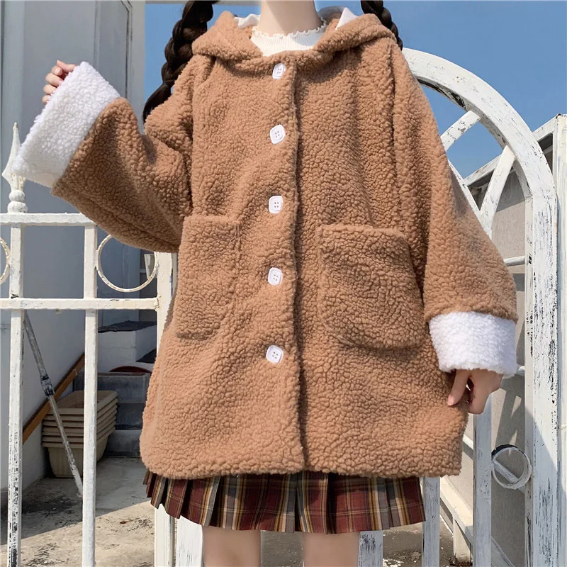 Kawaii Girl Winter Teddy Jacket Women Cute College Style Single Breasted Loose Thicken Warm Coat Fluffy Lamb Faux Fur Overcoat