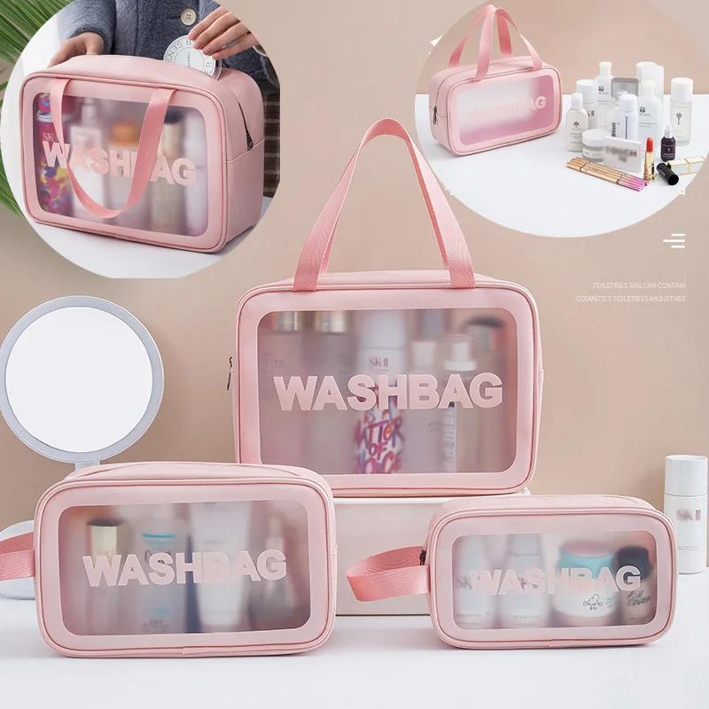 

Portable Transparent Waterproof Cosmetic Bag Beach Swimming Storage Bag Travel Toiletries Bag PU Make Up Bag Female Wash Bag