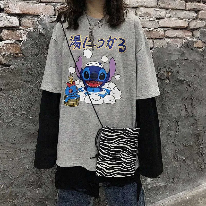 Серый NiceMix Женская Harajuku Винтажная футболка с длинным рукавом Ulzzang лоскутное письмо комический принт свободный Круглый Вырез Эластичный весенний зимний топ F - Цвет: Серый