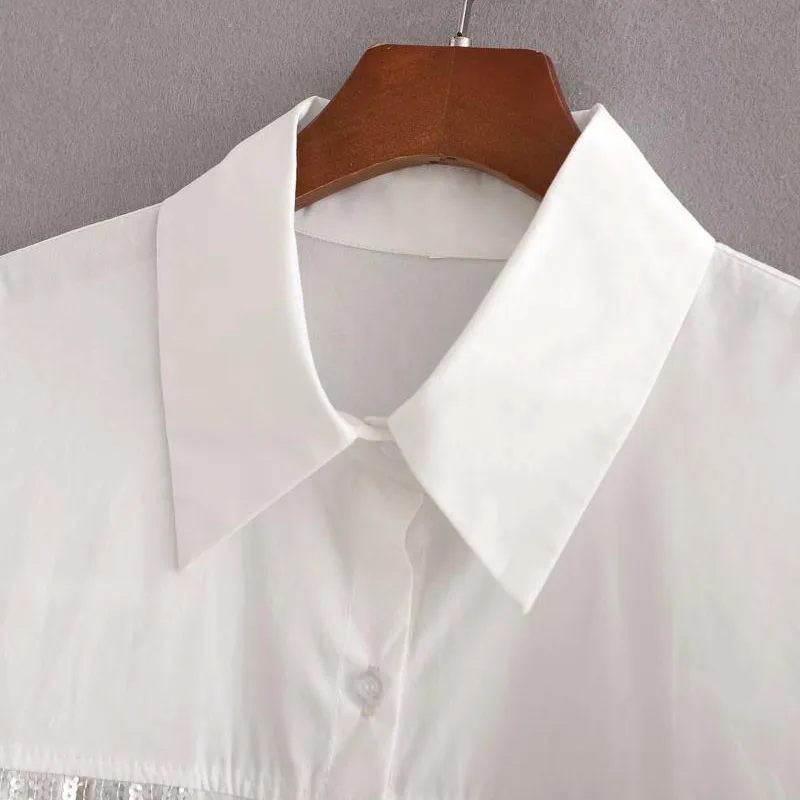

SeeBeautiful Sequin Stitching Pockets Loose Blouse Shirt Lapel Long Sleeve Single Breasted New Fashion 2021 Spring Women M881