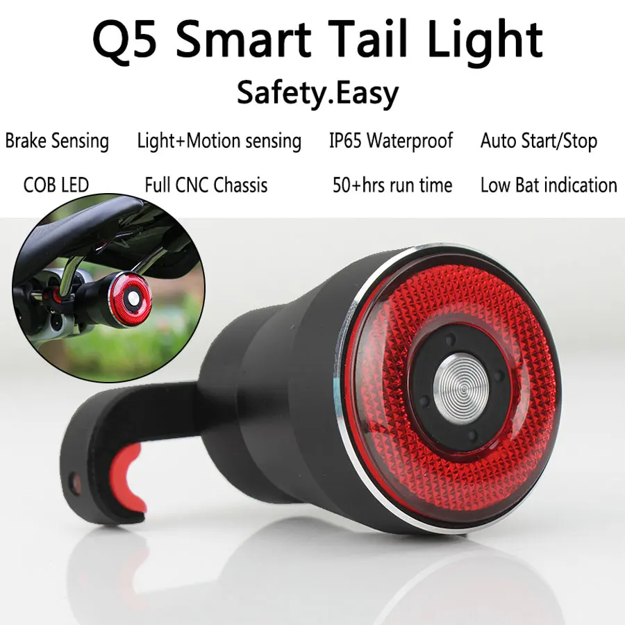 Q5 taillight Велоспорт Хвост светильник велосипеда вспышка светильник MTB велосипед задний светильник Авто старт/стоп-сигнал зондирования IPX6 Водонепроницаемый светодиодный зарядное устройство безопасности теплый - Цвет: Q5 taillight