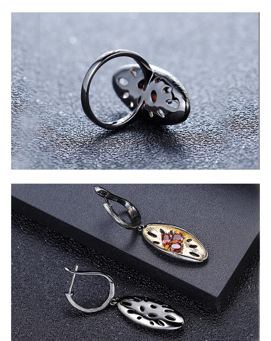 GEM'S BALLET 925 Sterling Silver Handmade Lemon Jewelry Set Natural Red Garnet Gemstones Ring Earrings Pendant Sets For Women