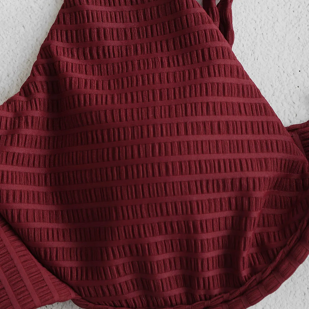 

ZAFUL Bikini Textured W-Wire Padded Bikini Set Low Waisted Solid Underwire Swimsuit Women Sexy Swimwear Push Up Bathing Suit