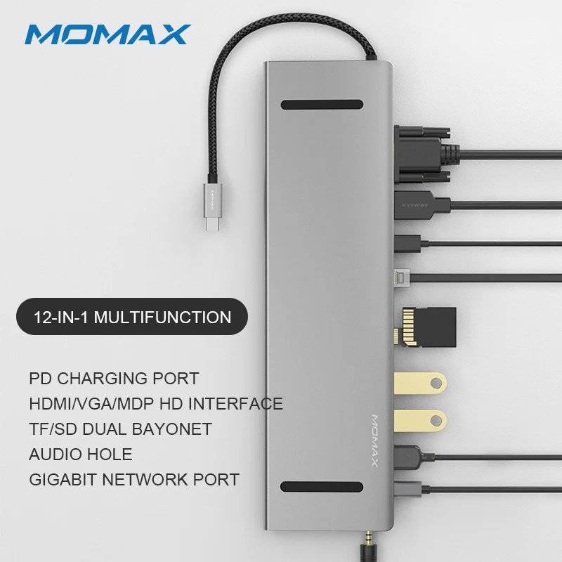 MOMAX USB C многопортовый конвертер (12 в 1) гигабит так три USB3.0 гнезда SD/TF двойной паз