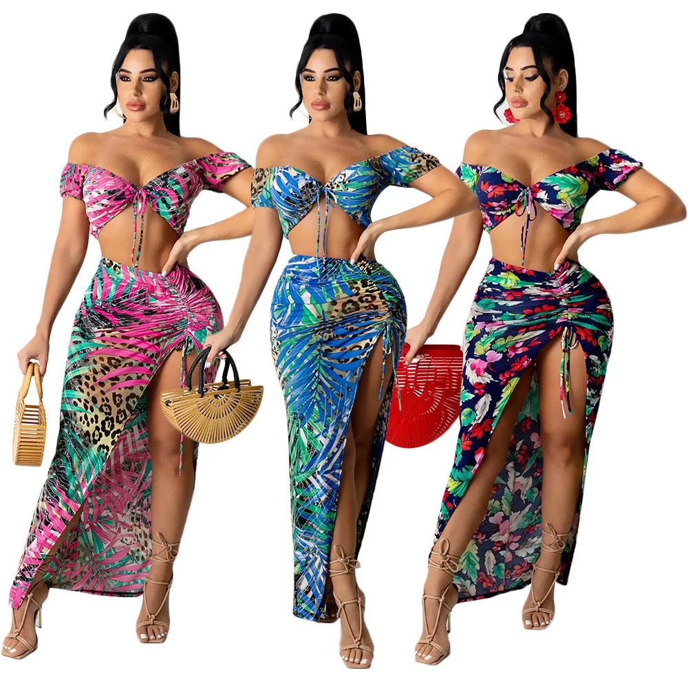 

Ladies Sexy Off-the-shoulder Strappy Printed Blouse Hollow Drawstring Skirt suit Casual Home Outdoor Commuter Sexy Skirt Suit