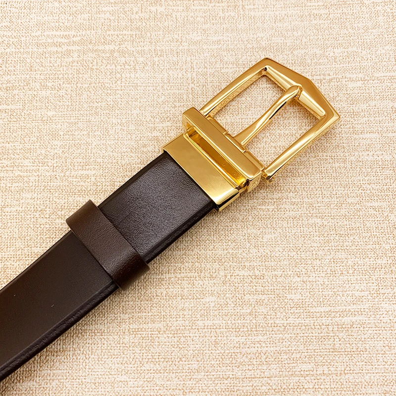 

2020 men belt genuine leather strap trousers first layer reversible brass gold and sliver high quality pin buckle free shipping