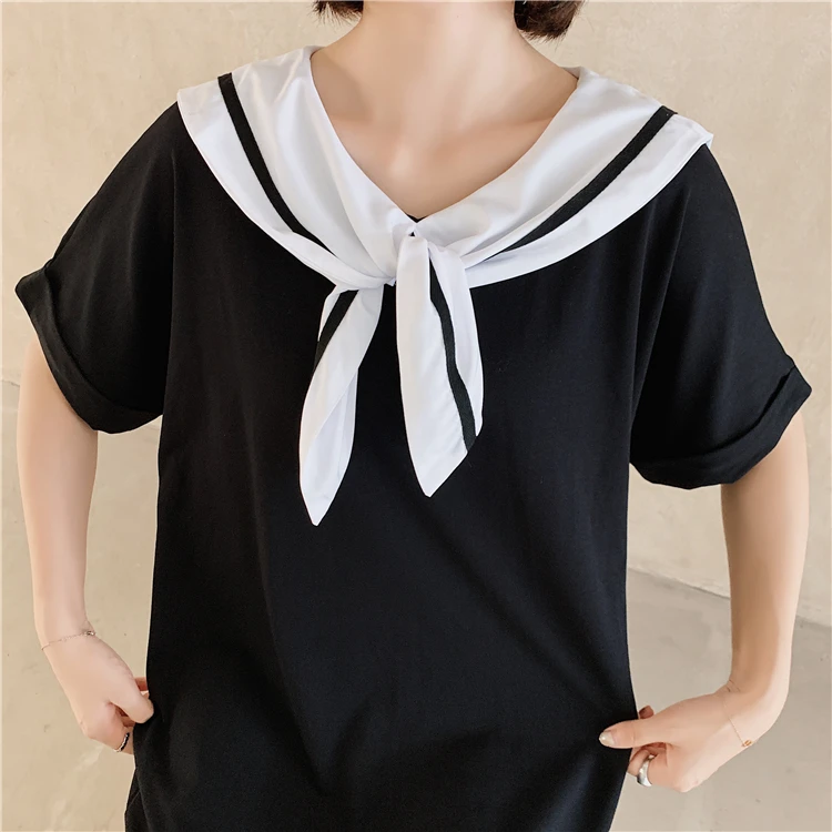 

Sailor Collar Ruffle Dresses Women Plus Size 3XL Loose Black Clothes Summer Long Dress Female Streetwear Short Sleeve Vestidos