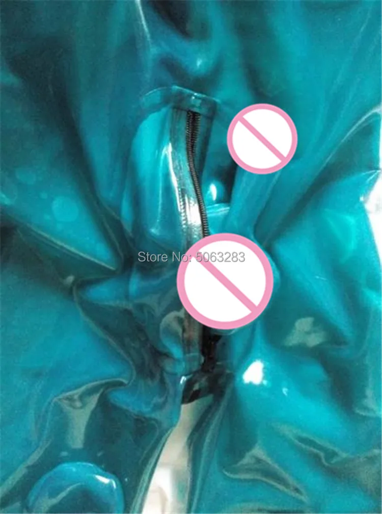 Прозрачный синий латексный костюм кошки с черной перчаткой на молнии скрытый