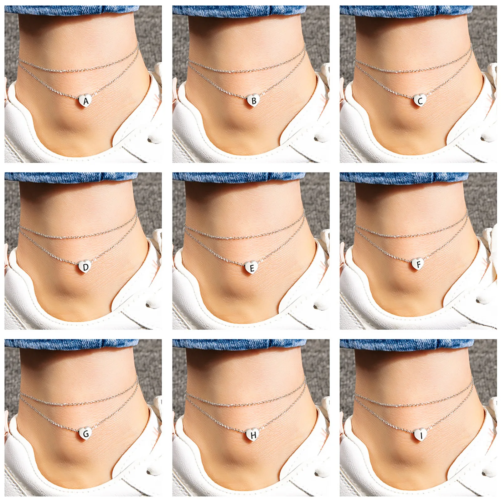 

Stainless Steel Multilayer Layered Chain Anklet Heart Initial Alphabet/ Capital Letter Message " A " -"S" Jewelry For Women Gift