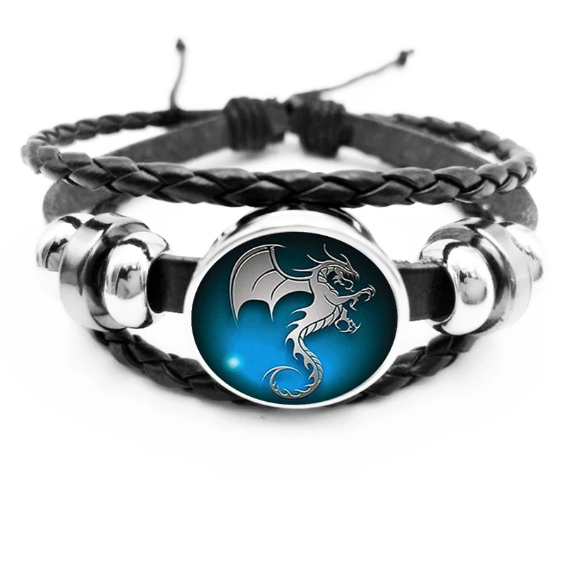 

initial / Hot Dragon Flying Seahorse Pattern Glass Black Snap Bracelet Men's Personalized Bracelet Jewelry