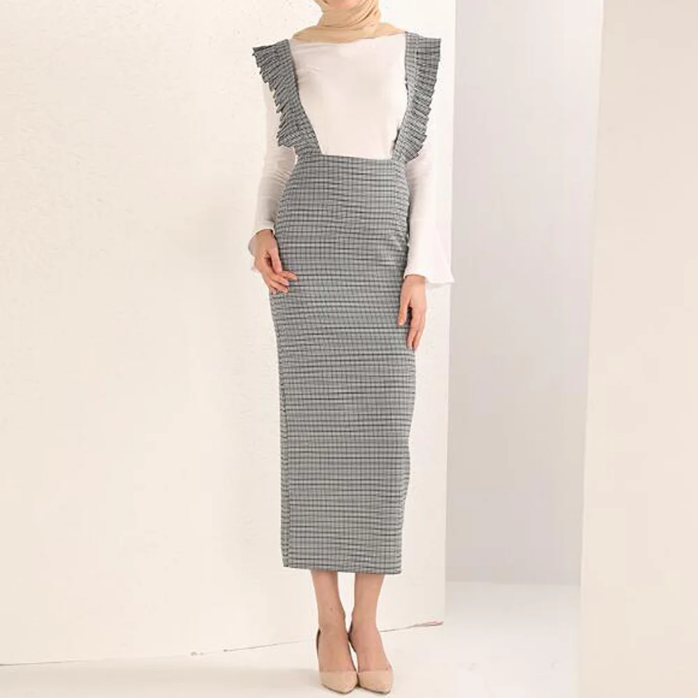 Длинная облегающая юбка женская клетчатая Печать Две бретельки карандаш Осенняя