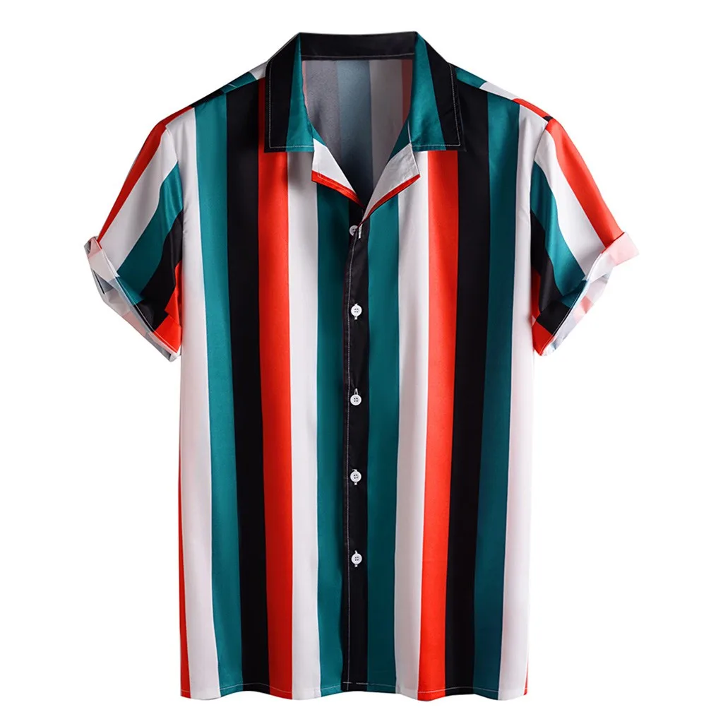 

Men Striped Printed Shirt Plus Size Short Sleeve Shirts Breathable camisa Turn Down Collar Loose Casual Shirts Male chemise
