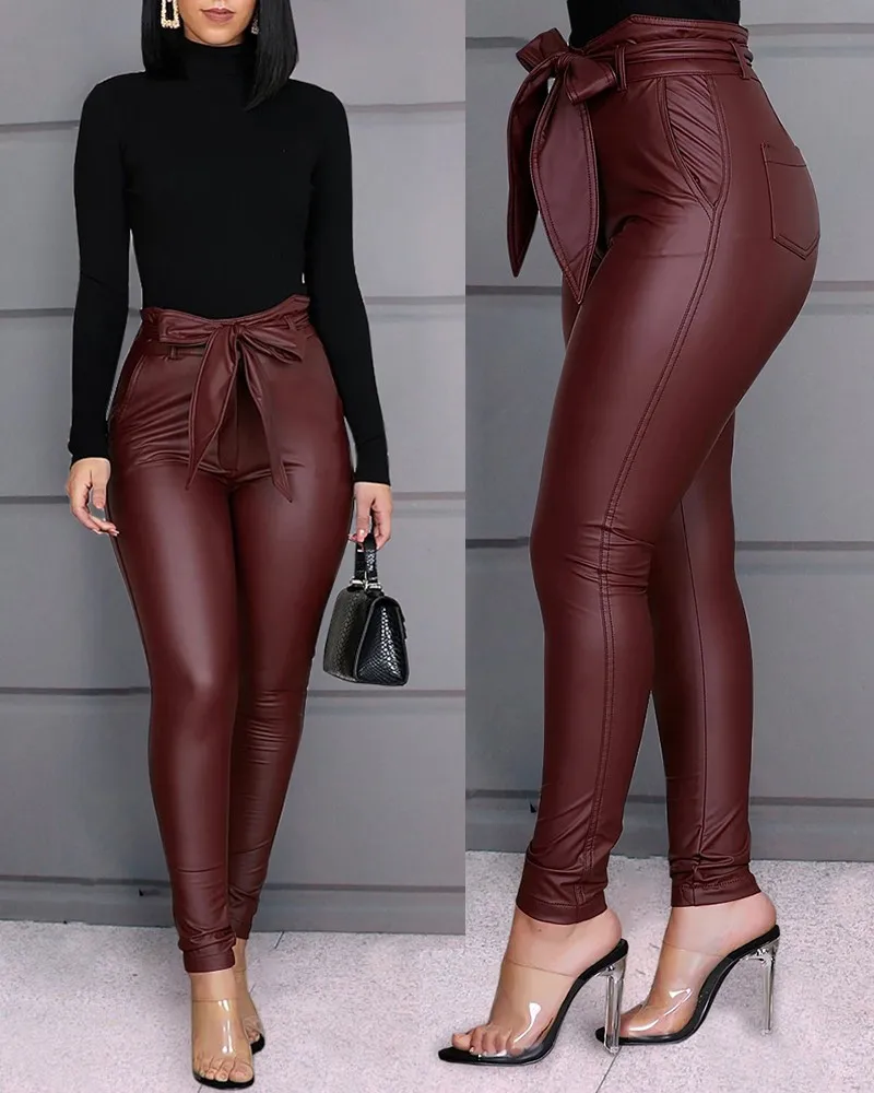 

hirigin new fashion Women's PU Leather long Pants female solid Stretchy Skinny Pencil pants ladies High Waisted casual trousers